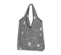 VOSERY Airplane Routes Around The World Reusable Grocery Bags Shopping Bags for Groceries Foldable Tote Bag with Handles, Black, 1 Piece