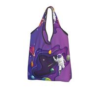 VOSERY Astronaut On Mission In Outer Space Reusable Grocery Bags Shopping Bags for Groceries Foldable Tote Bag with Handles, Black, 2 Pcs