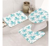 VOSERY Bathroom Rugs Sets 3 Piece, Soft Washable Bath Mats for Bathroom, Cute Octopus Green U-Shape Toilet Lid Cover, Absorbent Shower Mats Bath Rug Mat for Bathroom Toilet