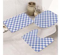VOSERY Bathroom Rugs Sets 3 Piece, Soft Washable Bath Mats for Bathroom, Sky Blue White Plaid U-Shape Toilet Lid Cover, Absorbent Shower Mats Bath Rug Mat for Bathroom Toilet