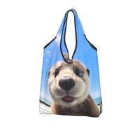 VOSERY Cute Otter Blue Sky Reusable Grocery Bags Shopping Bags for Groceries Foldable Tote Bag with Handles, Black, 3 Pieces