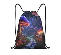 VOSERY Drawstring Backpacks, Jungle Path Glowing Mushrooms Draw String Back Bags for Men Women Gym Sports Swimming Travel, Black, S