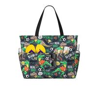 VOSERY Large Beach Bags Waterproof Sandproof - Dinosaur Plays Soccer Cute Beach Tote Bags for Women with Zipper