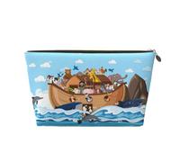 VOSERY Leather Makeup Bag, Cosmetic Bags Travel Toiletry Bag for Women, Animals on Noah's Ark Floating Makeup Bag Organizer, Cute Makeup Pouch, Waterproof Make up Bag