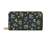 VOSERY Leather Thin Slim Wallets for Women Men - Blueberries leaf Print Clutch Wallet for Women Men with Zipper