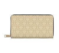 VOSERY Leather Thin Slim Wallets for Women Men - Damask Beige Tan Brown Clutch Wallet for Women Men with Zipper