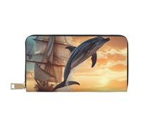 VOSERY Leather Thin Slim Wallets for Women Men - Sailing Dancing Dolphin Clutch Wallet for Women Men with Zipper