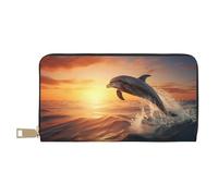 VOSERY Leather Thin Slim Wallets for Women Men - Sunset Dancing Dolphin A Clutch Wallet for Women Men with Zipper
