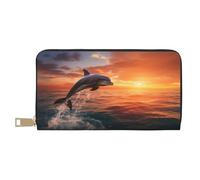 VOSERY Leather Thin Slim Wallets for Women Men - Sunset Dancing Dolphin B Clutch Wallet for Women Men with Zipper