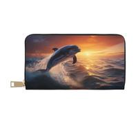 VOSERY Leather Thin Slim Wallets for Women Men - Sunset Dancing Dolphin Clutch Wallet for Women Men with Zipper