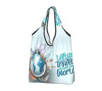VOSERY Let'S Go Travel Around The World Reusable Grocery Bags Shopping Bags for Groceries Foldable Tote Bag with Handles, Black, 3 Pieces