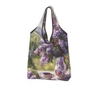 VOSERY Lilacs Teapot Scenic Painting Reusable Grocery Bags Shopping Bags for Groceries Foldable Tote Bag with Handles, Black, 2 Pcs