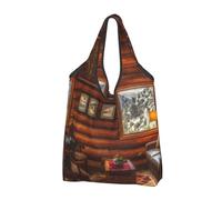 VOSERY Log Cabin Inside Reusable Grocery Bags Shopping Bags for Groceries Foldable Tote Bag with Handles, Black, 3 Pieces