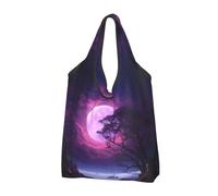 VOSERY Purple Moon Tree Night Sky Reusable Grocery Bags Shopping Bags for Groceries Foldable Tote Bag with Handles, Black, 1 Piece