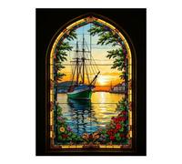 VOSERY Stained Glass Ship Sunset Scene Diamond Art Kits for Adults - DIY 5D Full Drill Diamond Painting for Home Wall Decor, Frameless Diamond Painting Kits for Adults Beginner