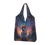 VOSERY Starry Sky Meditating Fox Reusable Grocery Bags Shopping Bags for Groceries Foldable Tote Bag with Handles, Black, 2 Pcs