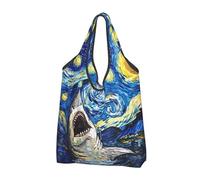 VOSERY Vintage Starry Sky Shark Reusable Grocery Bags Shopping Bags for Groceries Foldable Tote Bag with Handles, Black, 3 Pieces