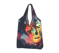 VOSERY World Map Guitar Illustration Reusable Grocery Bags Shopping Bags for Groceries Foldable Tote Bag with Handles, Black, 2 Pcs