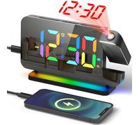 VOSFEEL Projection Clock, Digital Alarm Clocks Bedside, Colourful LED Lights, FM Radio, Adjustable Brightness & Volume, Big Digit & Mirror Dispaly, Snooze, USB & Type-C Port, 12/24H, for Bedroom