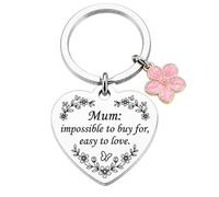 Voskilon Mum Birthday Keyring Gift, Mum Impossible to Buy For Easy to Love Keychain with Pink Flower Charm, Heart Pendant Silver Tone Keepsake Key Ring for Birthday Christmas Mother’s Day