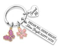 Voskilon Sweet 16 Birthday Keyring Gift for Her, Happy 16th Birthday Keychain with Flower Charm, Silver Tone Keepsake Key Ring for Daughter Sister Niece Friend