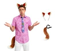 Voslett Men's Nick Wild Costume Shirt Tie Plush Ear Tail Printed T-Shirt Halloween Carnival Party Fox Outfit Pink XL