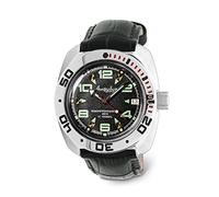 Vostok | Amphibian Automatic Self-Winding Russian Diver Wrist Watch | WR 200m | Amphibia 710334 | Black Dial 40mm Mechanical Watch | Luminous dots, black leather, Modern