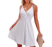 VOTEPRETTY White Summer Dress for Women UK Ladies Strappy Beach Dresses Casual V Neck Sundress with Pockets