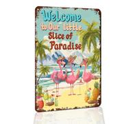 VOTHI Funny Flamingo Metal Signs Welcome To Our Little Piece Of Paradise Outdoor Pool Decor Funny Beach Vintage Tin Signs For Pool Home Backyard Wall Decor 12x8 Inches