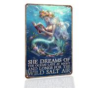 VOTHI Funny Mermaid Vintage Metal Tin Sign - Sea Inspired Decor for Home & BarsRustic Beach Themed Sign “She Dreams Of The Ocean Late At Night and Longs for The Wild Salt Air” - 8x12 Inch