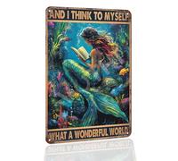 VOTHI Funny Mermaid Vintage Metal Tin Sign - Sea Inspired Decor for Home & BarsRustic Beach Themed Sign “And I Think To Myself What A Wonderful World” - 8x12 Inch