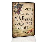 VOTHI Vintage Metal Tin Sign - "We're All Quite Mad Here" Funny Quote Wall Art for Home,Kitchen - Gothic Decor - Rustic Farmhouse Decor Retro Style Plaque 8x12 Inch