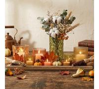 Votive Candle Holders Set with Wooden Tray - 8 Piece Rustic Colored Glass Candlestick & Solid Wood Centerpiece Decor for Mantel, Dining Table, Farmhouse Wedding Decor
