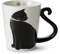 VOTUM White Ceramic Tea Mug: Animal Shaped with Hand Printed Designs and Sayings - 12 Fluid Ounce Large, Cute Handmade Cup (Cat Coffee Cup Ceramic) Black Cat Gifts