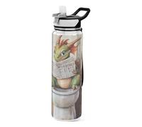 voucong 32oz Cartoon Cute Green Dragon Reads The Newspaper Straw Water Bottles Tritan Leak Proof & BPA Free non toxic Plastic Water Bottle with Straw for Camping