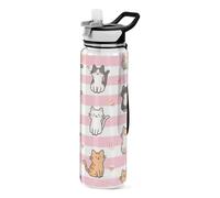 voucong 32oz Pink White Stripes Cartoon Cat Simply Modern Water Bottle Tritan Clear BPA Free non toxic Plastic Reusable Water Bottle for Sports washable