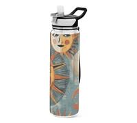 voucong 32oz Vintage Sun Moon Face Retro Yellow Blue Straw Water Bottles Tritan Free BPA non toxic Water Jug with Handle for Running washable