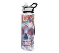 voucong 32oz White Cartoon Of The Dead Flower Skull Water Bottles Tritan BPA Free Leak Proof non toxic Plastic Travel Water Bottle for Sports Portable