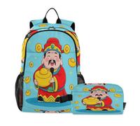 voucong Backpack And Lunch Box For Boys Chinese God Wealth Rich Blue School Bag And Lunch Box Set For Boys age 8-10 years old