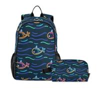 voucong Backpack For Boys With Lunch Box Cartoon Cute Animal Shark Wave Blue Boys School Backpack With Lunch Box 10-12