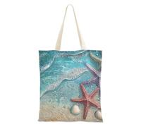 voucong Beach Starfish Shells Blue Canvas Bag For Women for Women With Pockets With Handles Reusable Tote Bags Bulk Hostess Gifts