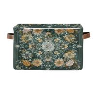 voucong Boho Style Flower Floral Green storage baskets 1 pack, collapsable and waterproof durables fabric cube storage bins with sturdy handle bags linen for room