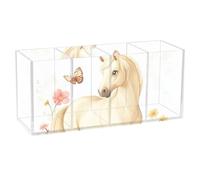 voucong Cartoon Cute Horse FLOWER Butterfly Acrylic Pen Holder for Desk Aesthetic 4 Compartments Transparent Plastic Pencil Dispenser for Classroom for BedroomStorage