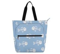 voucong Cartoon Fish Bone Blue Books Totes Book Bag for Kids Students Adults Water-resistant School Beach Bag Shopping with Zipper for School Shopping Grocery