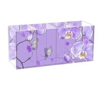 voucong Cartoon Orchid Purple Floral Flower Acrylic Desk Pen Holder 4 Compartments Clear Plastic Desk Organization for SchoolSupplies
