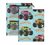 voucong Colorful Cartoon Monsters Truck Clear Window 3 Ringing Binder Large Pencil case with Zipper Reinforced Grommets for Storing School Students Teacher Supplies Multicolored 2 PCS