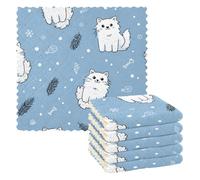 voucong Cute Cartoon Cat Light Blue Tea Towels Kitchen Cotton Print Reusable and Washable Kitchen Terry Cloth Towels 6 Pack 11x11in