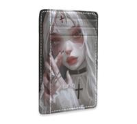voucong Evil Nun White Leather Slim Wallet Men with ID Window RFID Blocking Card case for Men&Women