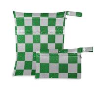 voucong Fake Glitter Checkerboard Squares White Green Zippered Bathing Suit Bag 2 Pack Travel Essentials for Babies with Handles for Beach