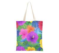 voucong Hawaiian Style Tropical Flowers Palm Leaves Bright Neon Colors Canvas Shopping Bags for Women With Pockets With Handles Reusable Canvas Bags Bulk Canvas Gift